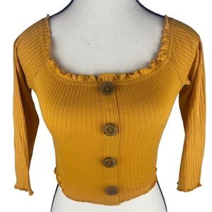 Feathers Women’s Yellow Mustard Ruffled collar Hem Lettuce Edge Cropped Top Sz M